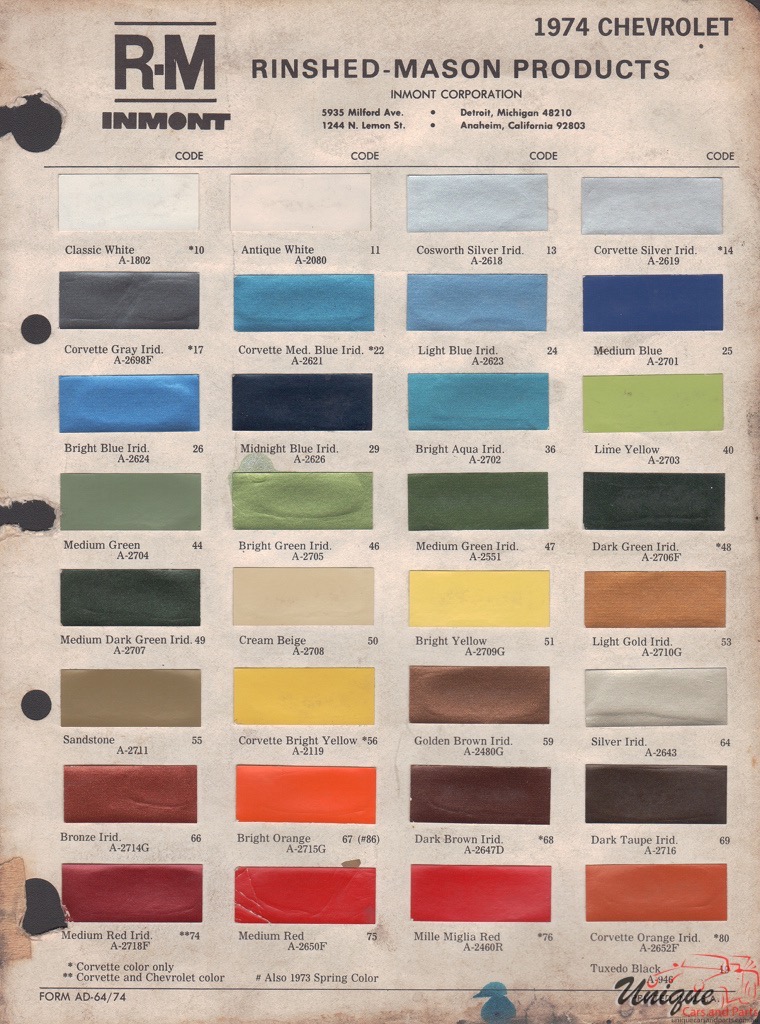 1974 Chev Paint Charts RM 1